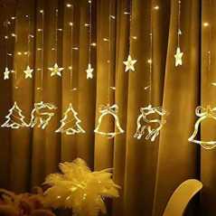 Χριστουγεννιάτικα Φωτάκια 3.6?0.8m Κουρτίνα Αστέρια Καμπάνες Eλάφια Δέντρα BX-025 Θερμό Χρώμα