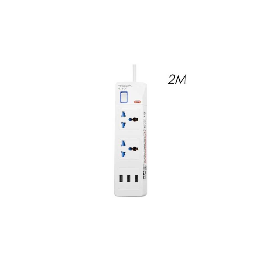Πολύπριζο Ασφαλείας 2 Θέσεων EU/UK/US/CN με Διακόπτη, 3 Θύρες USB και Καλώδιο 2m 2500W Treqa PL-504-2M Λευκό