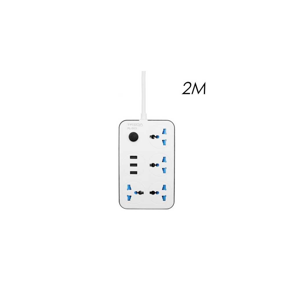 Πολύπριζο Ασφαλείας 4 Θέσεων EU/UK/US/CN με Διακόπτη, 3 Θύρες USB και Καλώδιο 2m 3000W Treqa PL-503-2M Λευκό